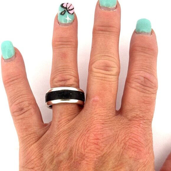 Vintage Neta 925 Sterling Silver & Black Onyx Inlay Band Ring Size 10, 11.3g - Picture 5 of 9